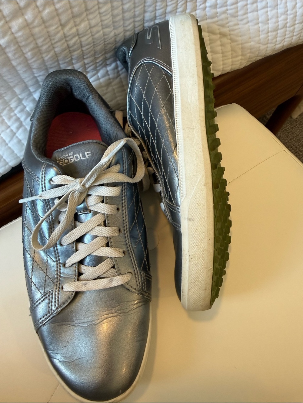 Skechers Metallic Silver Athletic Sneakers with White Laces